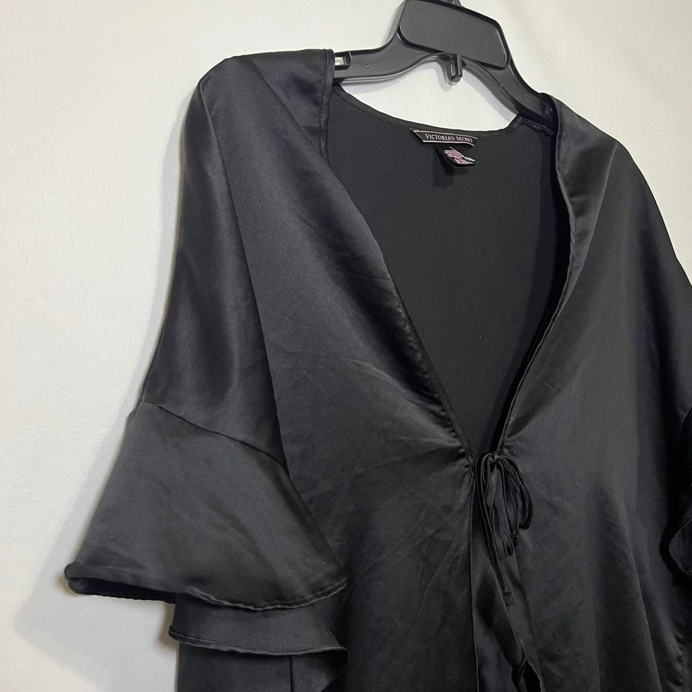 Victoria Secret Black Satin Ruffle Kimono Robe One Size Lingerie